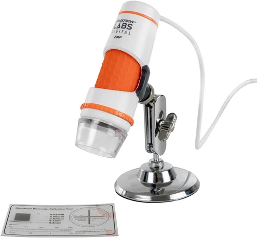 Celestron Labs - Microscopio digital de mano de 2 MP – 20 aumentos – 200x – Software captura fotos, vídeos – Iluminación LED y filtro polarizador –