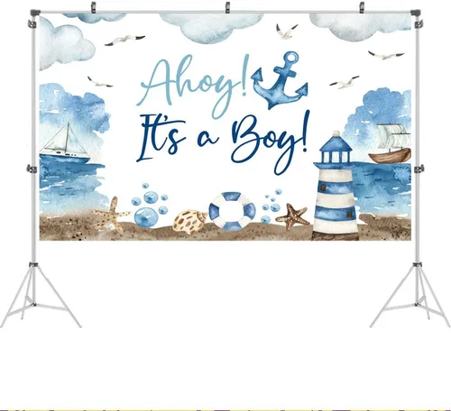Miniatura 2 de Ticuenicoa Telón de fondo náutico para baby shower, 5 x 3 pies, nubes azules y blancas, diseño de barco faro para revelación de género, cabina