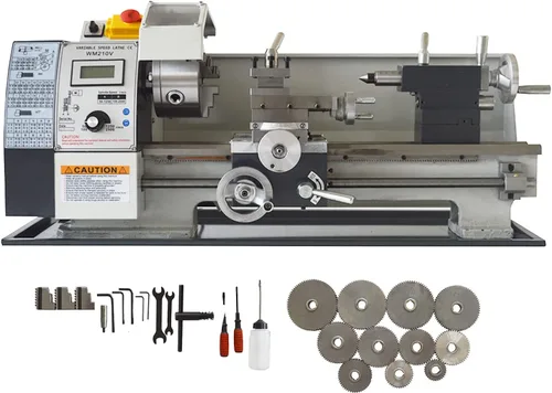Miniatura 11 de INTSUPERMAI Mini torno de metal de 7 x 12 pulgadas, torno de metal de sobremesa, velocidad variable, 50-2500 rpm, torno de trabajo de metal con 3
