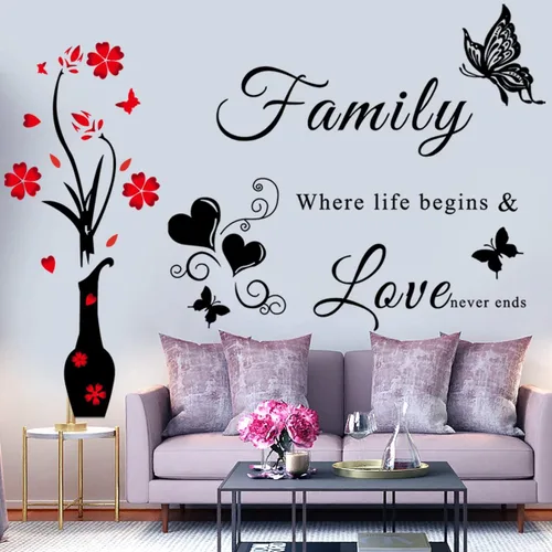 Calcomanías de pared con citas de letras familiares, jarrones y murales extraíbles para sala de estar, dormitorio, fondo de sofá y pared de TV Color