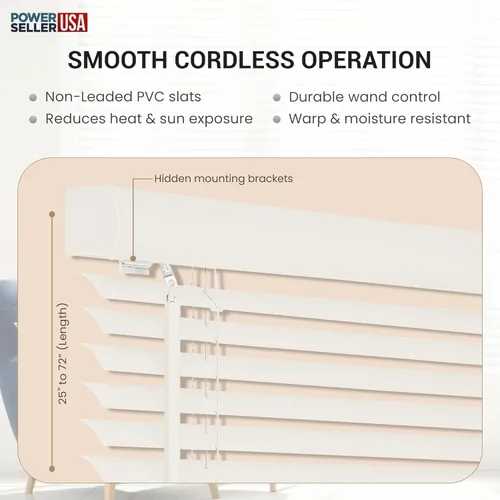 Miniatura 7 de PowerSellerUSA Persianas de Ventana sin Cordón, Privacidad y Filtrado de Luz, Lamas de Vinilo Minipersiana de 1", Tratamiento de Ventana Anti-UV, Se