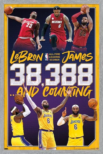 Miniatura 13 de NBA League - Póster de pared de LeBron James All-Time Scoring Leader, 22.4 pulgadas de largo x 14.7 pulgadas de ancho, versión enmarcada plateada