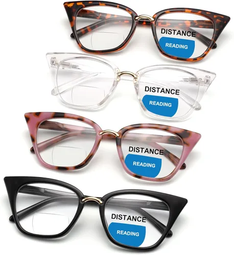 ZUVGEES Paquete de 4 lentes de lectura bifocales para mujer, diseño de ojo de gato, de gran tamaño, bloqueo de luz azul, lectores de computadora con