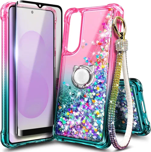 Miniatura 13 de Funda compatible con Samsung Galaxy S24-FE Aqua/Purple Funda líquida flotante con purpurina linda con protector de pantalla de vidrio templado