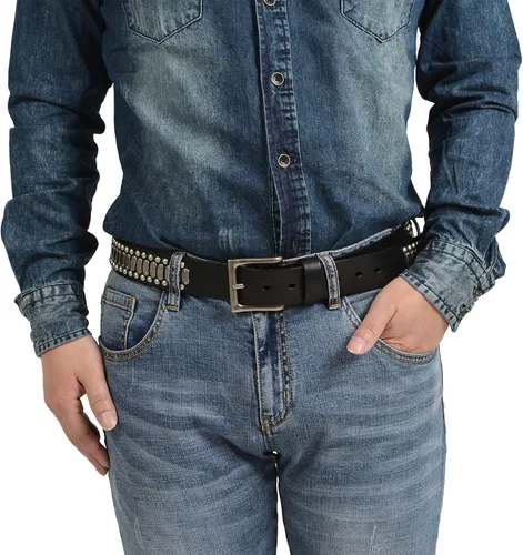 Miniatura 3 de FIORETTO - Cinturones de piel de vacuno italianos con tachuelas para hombre con hebilla para hombre color negro