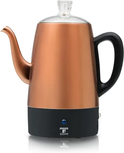 Precolador de café eléctrico Moss & Stone - Cuerpo con tapas de acero inoxidable, cafetera, olla eléctrica, capacidad de 10 tazas
