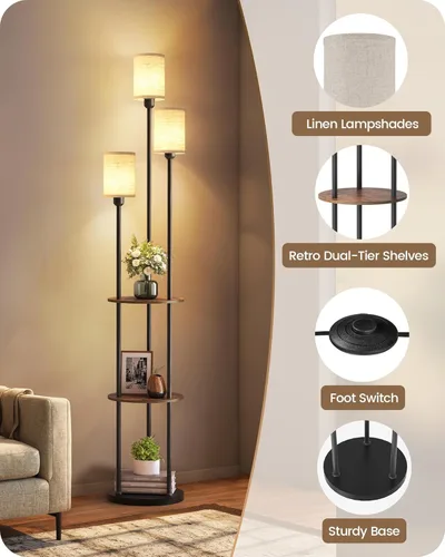 Miniatura 4 de Lámpara de pie de 180 cm con estantes, lámpara de pie moderna con 3 pantallas de lino y interruptor de pie, lámpara de pie de 3 luces, para sala