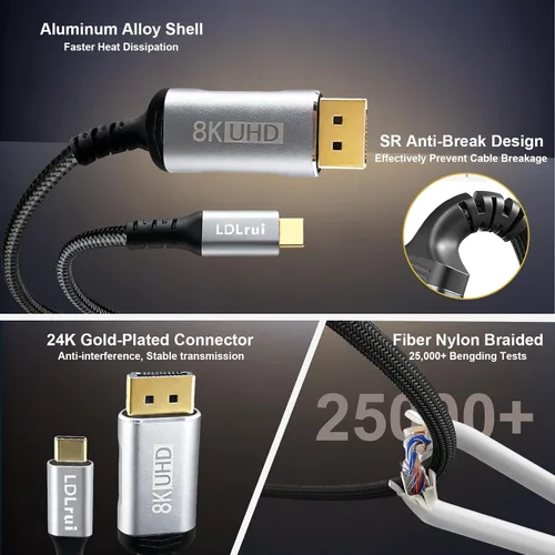 Miniatura 7 de LDLrui Cable USB C a DisplayPort 1.4 bidireccional 1M, 8K @60Hz 4K a 240Hz para MacBook/iPad a DP o PC a pantalla USB-C, Thunderbolt 4/3 y USB4