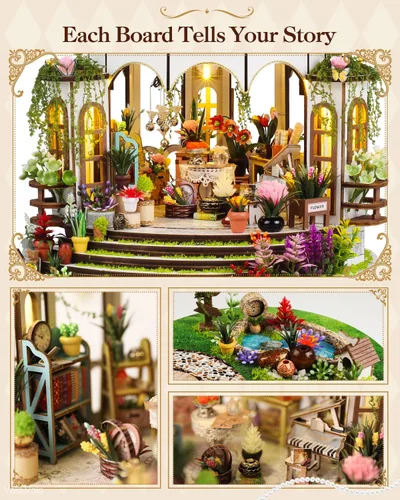 Miniatura 3 de Vaki Vaki Kit de casa en miniatura de jardín colgante con luz LED, kit de rincón de libro con cubierta para cumpleaños, sujetalibros de madera 3D