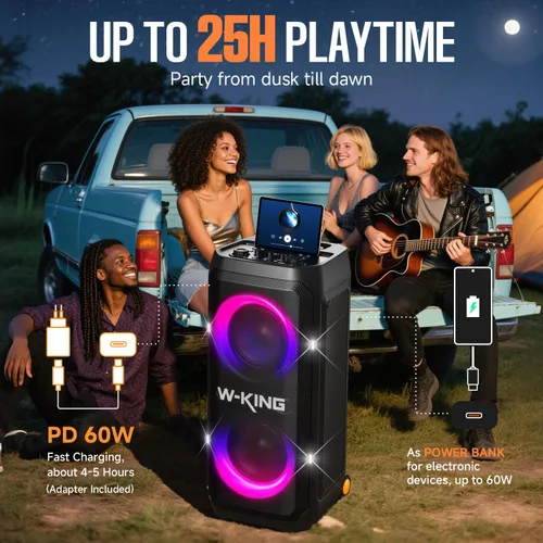 Miniatura 4 de W-KING Altavoz portátil Bluetooth Partybox Loud, 370W MAX Pro Sound, graves más profundos, caja de auge grande para exteriores inalámbrica, mango