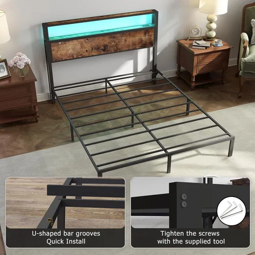 Miniatura 8 de Base de cama tamaño completo con cabecero, estructura de cama de plataforma metálica con luces LED y estación de carga, almacenamiento debajo