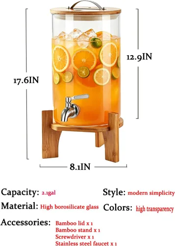 Miniatura 2 de Dispensador de bebidas, dispensador de bebidas de vidrio de 2.1 galones con soporte, dispensador de agua de vidrio con espita, dispensadores