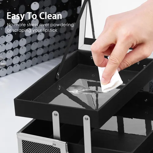 Miniatura 4 de FRENESSA Estuche organizador de maquillaje, caja de cosméticos, estuche portátil de maquillaje con espejo, 2 bandejas, caja de tocador de viaje
