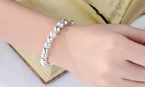 Miniatura 2 de Jeolory Brillante y lindo dije de bola mate simple chapado en plata 925, brazalete de muñeca ajustable, joyería de moda (plateado), Sin gemas.