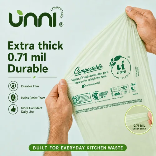 Miniatura 4 de Bolsas de basura compostables UNNI, 2.6 galones / 9.84 litros, 100 unidades, extra gruesas de 0.71 mil, forros para contenedores pequeños de restos