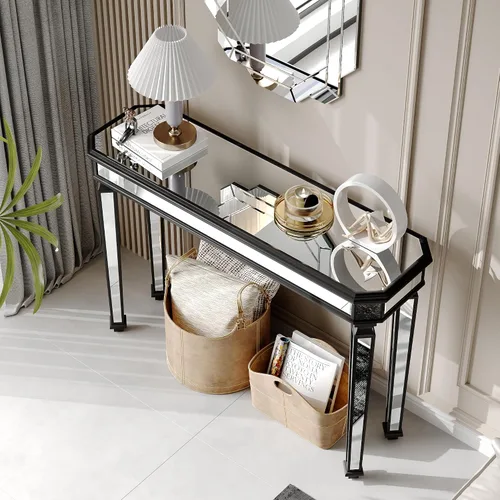 Miniatura 7 de Mesa Consola Negra con Espejo, Mesa de Sofá de Cristal Rectangular de 48 pulgadas con Elementos Tallados Vintage con Espejo, Muebles de Espejo