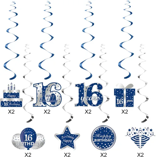 Miniatura 2 de Decoraciones colgantes de 16 cumpleaños azul y plateado para niños, 16 piezas de feliz cumpleaños de 16 años, suministros de fiesta de remolinos