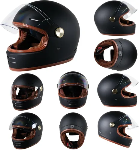 Miniatura 8 de Casco retro para motocicleta Loyoriwy para adultos: Casco integral vintage con sistema de ventilación, diseño impermeable para motociclismo Negro