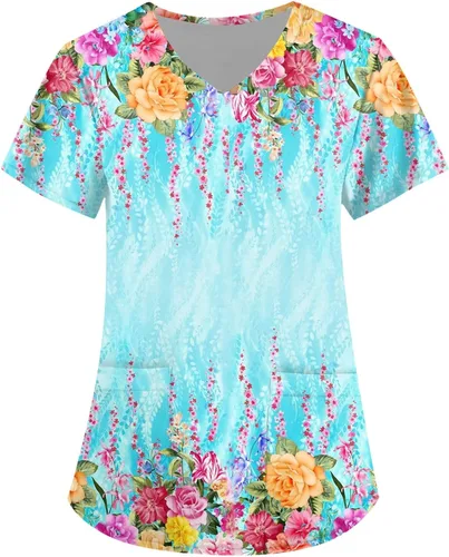 Blusa médica con estampado de flores para mujer, talla grande, cuello en V, manga corta, verano, trabajo, enfermera, tallas S-5XL