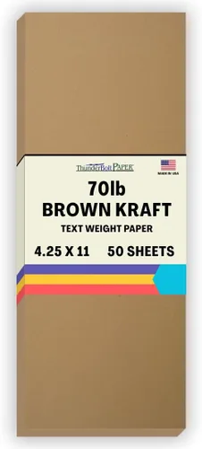 50 hojas de papel de fibra kraft marrón con texto 28/70 # (no tarjeta/cubierta), 4.25 x 11 pulgadas, tamaño media carta, corte largo, peso de 70