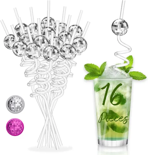 Miniatura 8 de 16 piezas de decoración de fiesta de discoteca, mini bola de discoteca, pajitas reutilizables, pajitas de bola de discoteca de los años 70 para Rosa