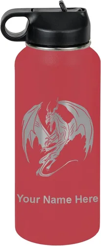 Miniatura 37 de LaserGram Botella de agua con tapa abatible de doble pared de 12 onzas con pajilla, dragón, grabado personalizado incluido (negro)