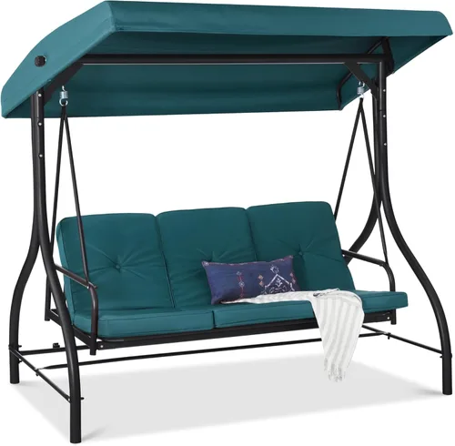 Miniatura 8 de Best Choice Products Columpio Deslizante con Toldo Convertible Grande de 3 Asientos para Exteriores, Hamaca de Patio, Silla de Descanso para Porche