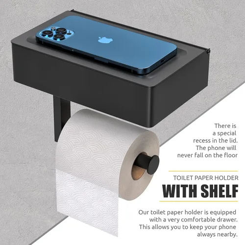 Miniatura 3 de Soporte de papel higiénico autoadhesivo de pared con estante y almacenamiento para toallitas – Soporte de papel higiénico negro mate de acero