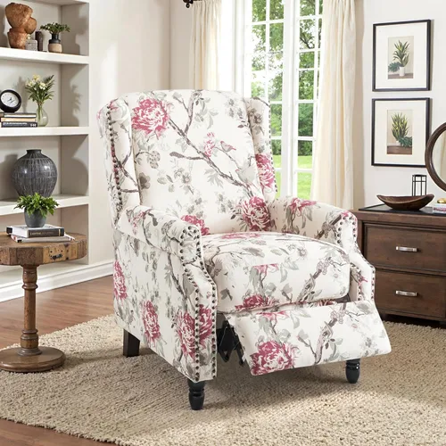 Miniatura 23 de Silla reclinable tapizada, sillón de ala floral con respaldo y reposapiés ajustables, cómoda silla decorativa para leer, sofá individual