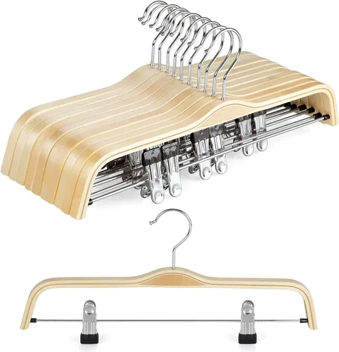 Perchas de madera para pantalones TOPIA HANGER, perchas delgadas de madera natural para faldas con gancho antióxido y clips metálicos ajustables,