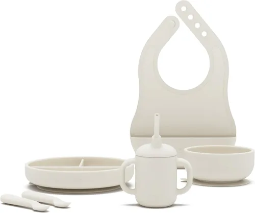 Lalo First Bites - Juego de alimentación de silicona para bebés, suministros de destete para bebés, silicona no tóxica, incluye 1 babero, 2 Avena