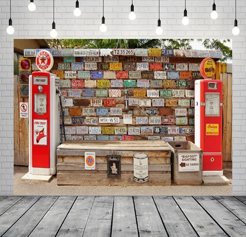 Miniatura 3 de Telón de fondo vintage de 5 x 3 pies para gasolinera retro para placa de matrícula de gasolinera Matel para fotografía, carretera occidental