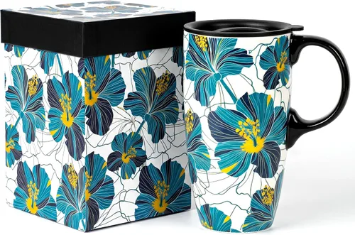 Miniatura 10 de Topadorn Taza de café de cerámica de 17 onzas con tapa y caja de regalo, taza de té de porcelana con plumas de pavo real Art Deco, apta para Azul