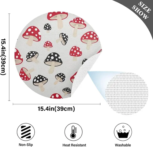 Miniatura 4 de Stylized Red Black Mushrooms Dinner Table Placemats, Non Slip Placemats Round Washable for Kitchen Table one sizex6