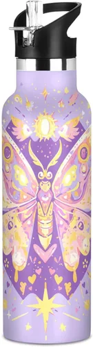 Butterfly Purple Golden Leakproof and BPA Free Kids' Metal Water Bottle with Straw Double-Wall Vacuum Insulation for School Boys Girls