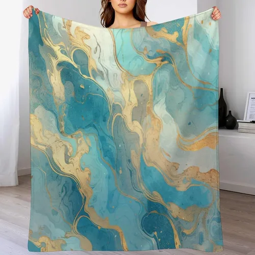 Miniatura 7 de Manta con textura de mármol, turquesa, verde azulado, dorado, cálida, franela dorada y verde esmeralda, acogedora manta de felpa cálida y ligera
