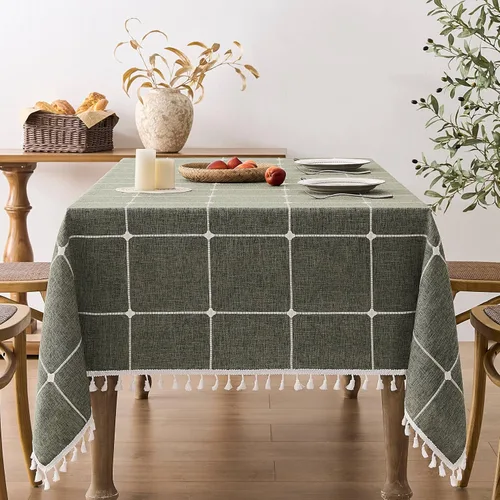 Miniatura 78 de ZeeMart - Mantel de mesa con diseño de cuadrícula boho y borlas (blanco roto, 132 cm x 132 cm), mantel de gran peso de lino a cuadros bordado