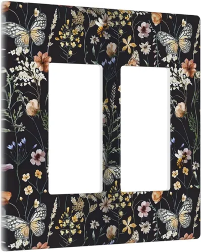 Placas de Pared de Doble Interruptor con Hojas de Flores Vintage, Abejas Lindas, Cubierta de Interruptor de Luz de 2 Gang, Fondos Oscuros Mariposa