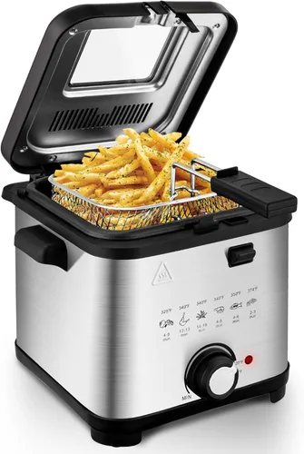 SUSTEAS - Freidora eléctrica de 1.5 litros/1.35QT, 900W, control de temporizador, temperatura ajustable, tapa con ventana de visualización y cesta