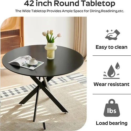 Miniatura 8 de Juego de mesa de comedor de madera para 2, mesa de cocina redonda de 36 pulgadas con 2 sillas de comedor Boucle, mesa de MDF con patas de metal