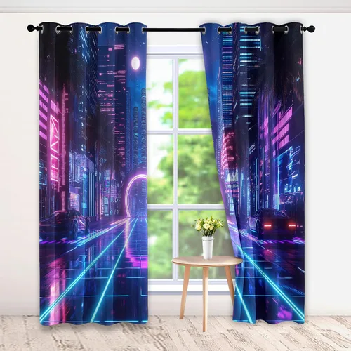 Miniatura 2 de Synthwave - Cortinas opacas para ventanas de cocina, cortinas de neón Cyberpunk City para decoración de dormitorio, sala de estar, cortinas retro