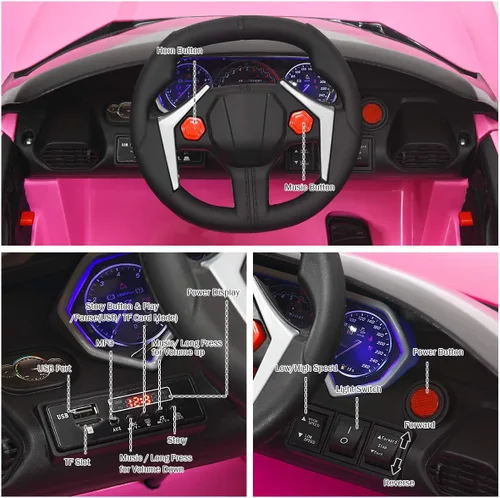 Miniatura 3 de Costzon Vehículo eléctrico con batería de 12 V con modos de control manual y remoto, luces LED, bocina, música, MP3, USB, TF, 3 velocidades, Rosa