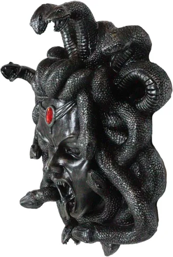 Miniatura 5 de Ebros Mitología griega Gorgona Diosa Medusa Cabeza con pelo de serpientes y frasco rojo de gema de sangre Decoración de pared Estatua de 16 pulgadas