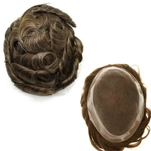 Miniatura 33 de Peluca de cabello humano monofilamento fino para hombre tipo tupé de polietileno alrededor del sistema de cabello, peluca duradera de monofilamento