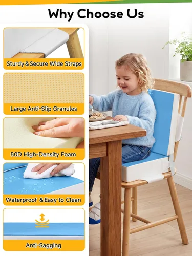 Miniatura 5 de Asiento elevador para niños con 2 piezas de correas de PU lavables y hebilla de seguridad, portátil para silla de cocina, ideal para viajes