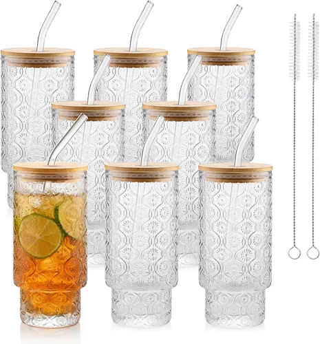 Miniatura 14 de Vasos de vidrio vintage con tapas y pajitas de bambú de 16 onzas, vaso vintage en relieve floral tazas de vidrio para whisky, cerveza, tazas de café