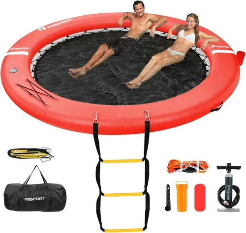 Miniatura 11 de FBSPORT Hamaca inflable de agua redonda flotante, 10/8/6 pies, plataforma flotante para lago con portavasos, flotador solar, balsa fría, anillo