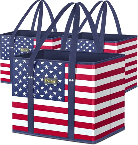 Miniatura 17 de BALEINE Paquete de 3 bolsas de comestibles reutilizables, bolsas de compras plegables para comestibles con parte inferior reforzada y asas