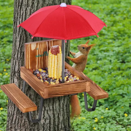 Miniatura 6 de MIXXIDEA Mesa de Comedero para Ardillas, Comedero de Picnic de Madera para Ardillas, Comederos para Ardillas Resistentes para Exterior