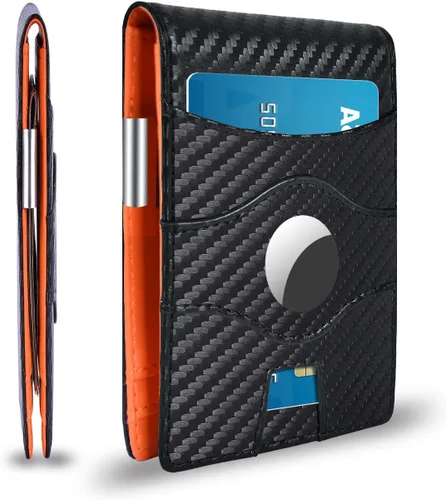 RF-BLOLLET Cartera minimalista con bloqueo RFID para bolsillo frontal compatible con AirTag, billetera delgada plegable con tarjetero de crédito con
